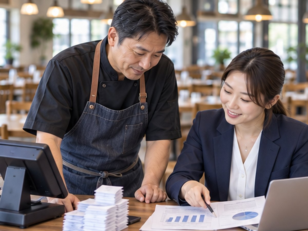 Restaurant owner reviewing sales reports with an accountant