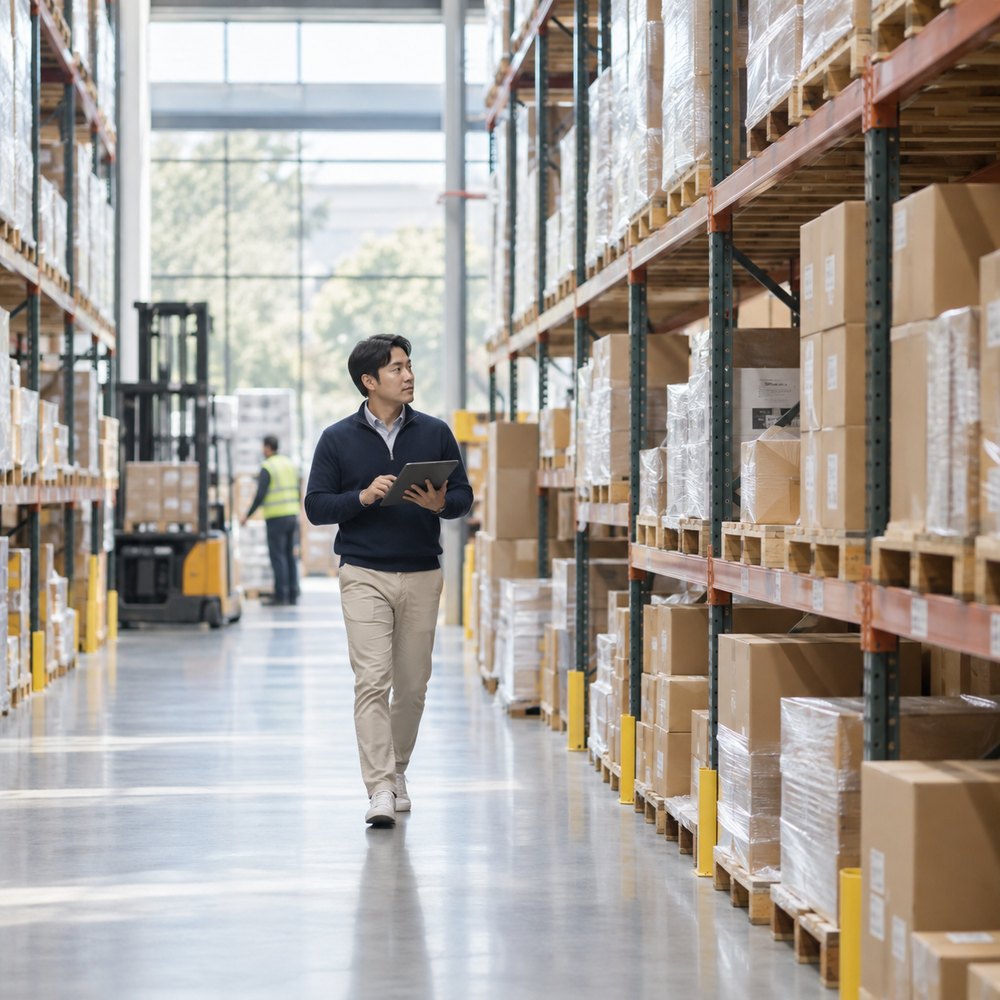 Warehouse owner checking inventory on a tablet