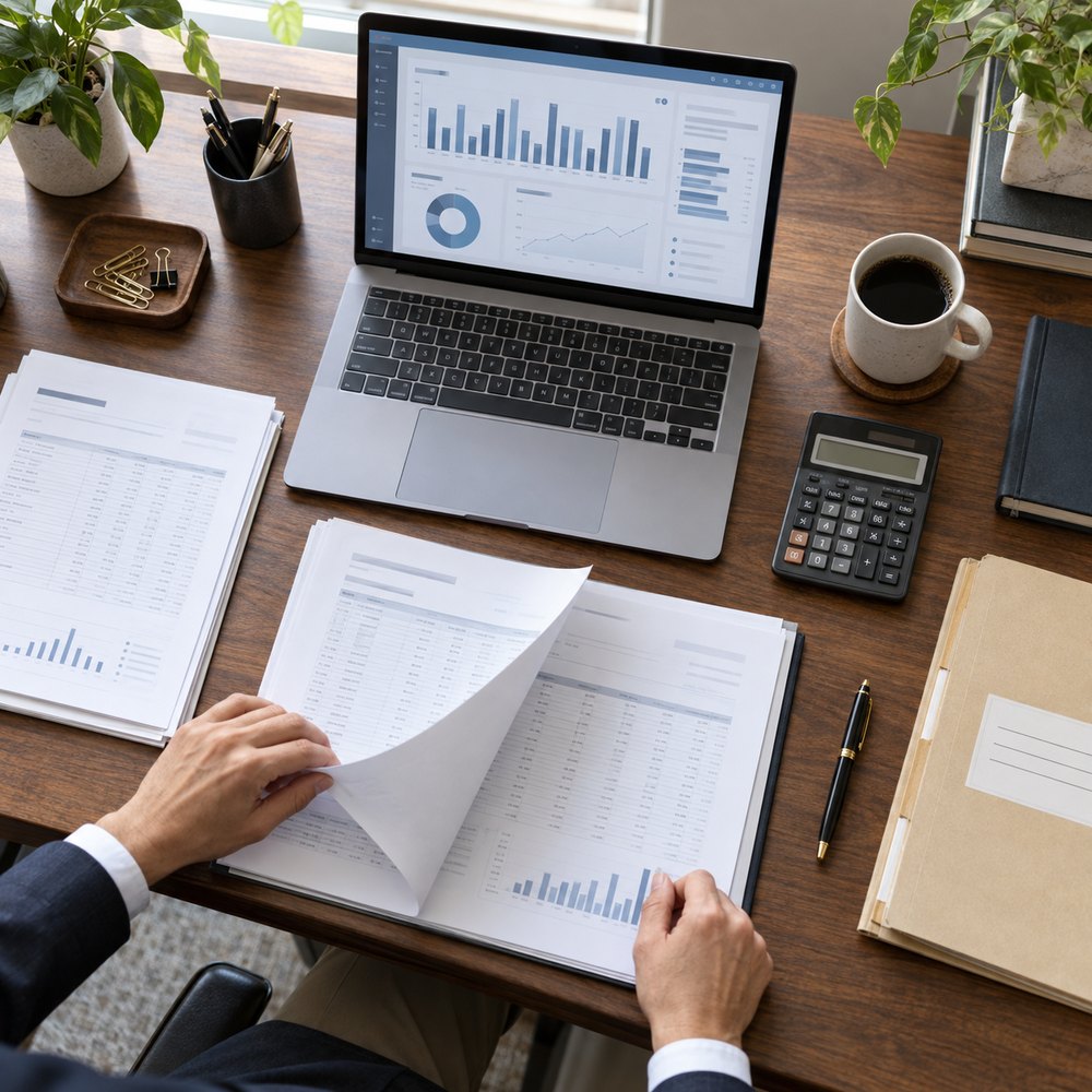 CPA reviewing monthly financial reports at an organized desk