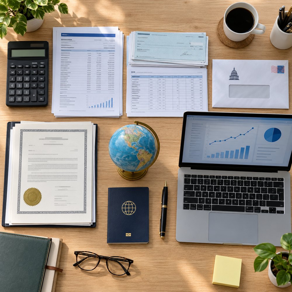 Desk with bookkeeping, payroll, tax notice, entity and cross-border tax documents